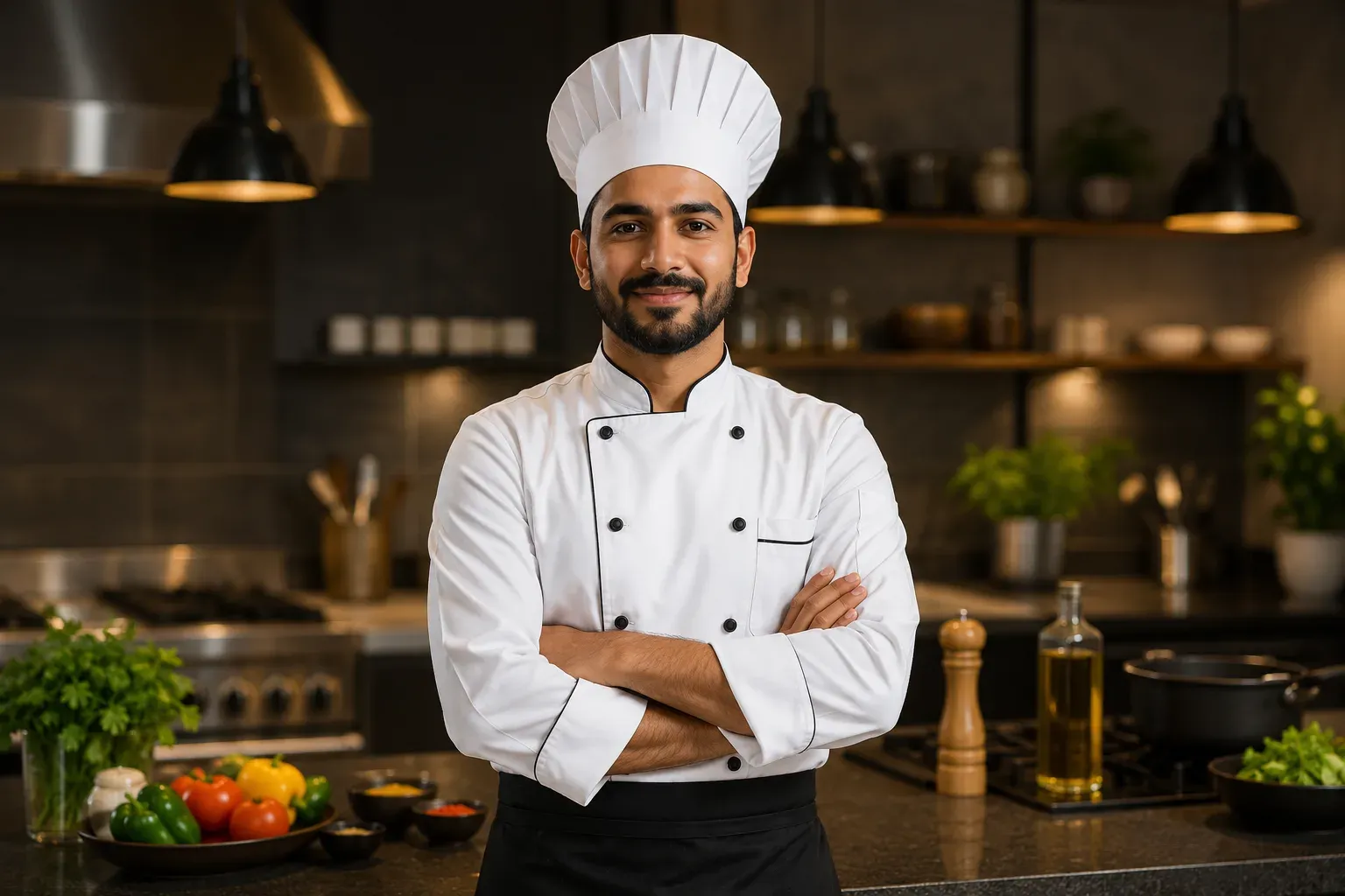 Professional chef with arms crossed in a modern kitchen